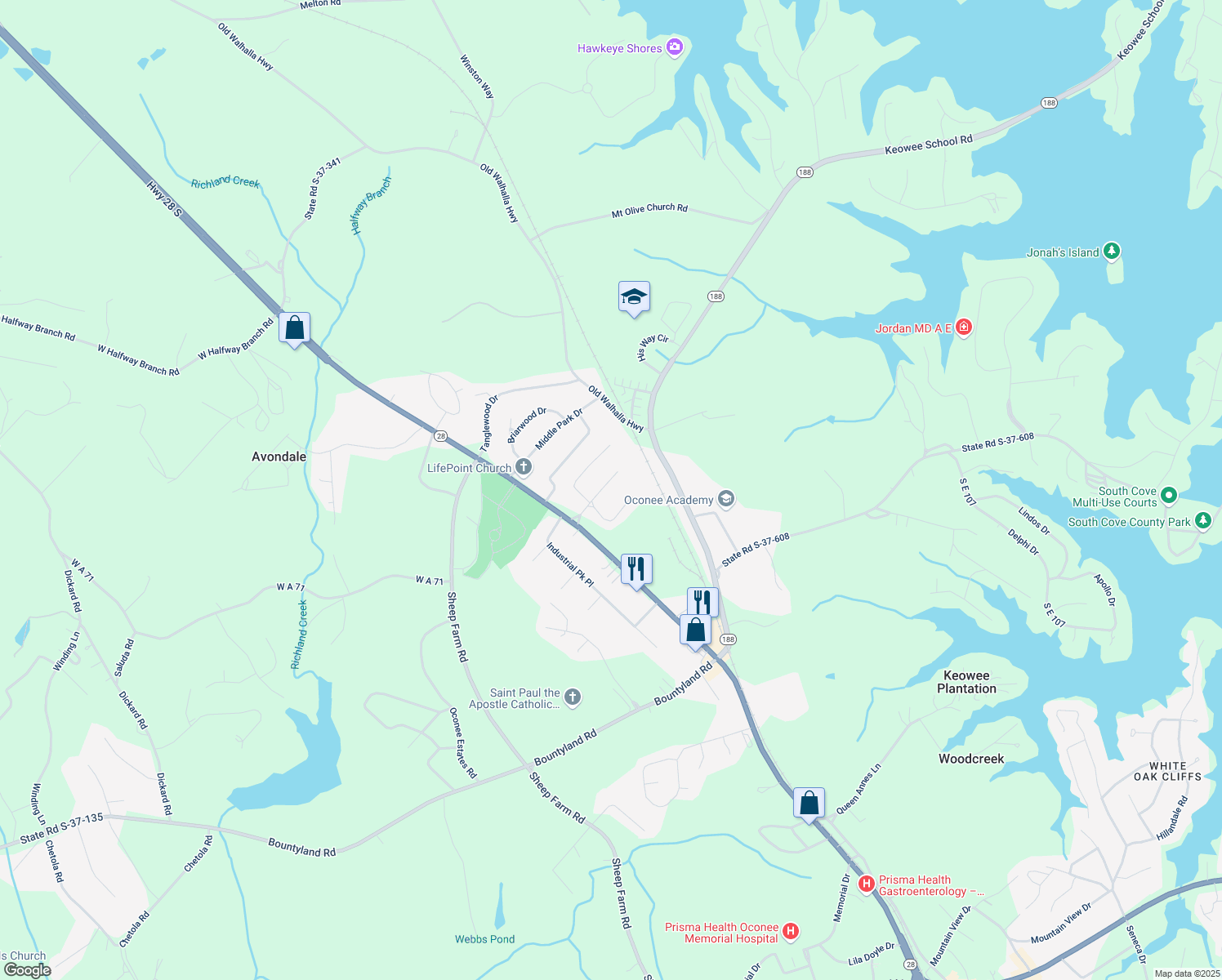 map of restaurants, bars, coffee shops, grocery stores, and more near 316 West Sunsetstrip Drive in Seneca
