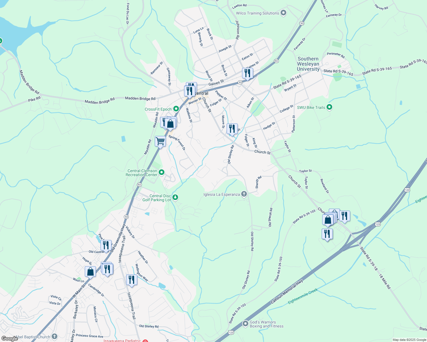 map of restaurants, bars, coffee shops, grocery stores, and more near 144 Cedar Creek Circle in Central
