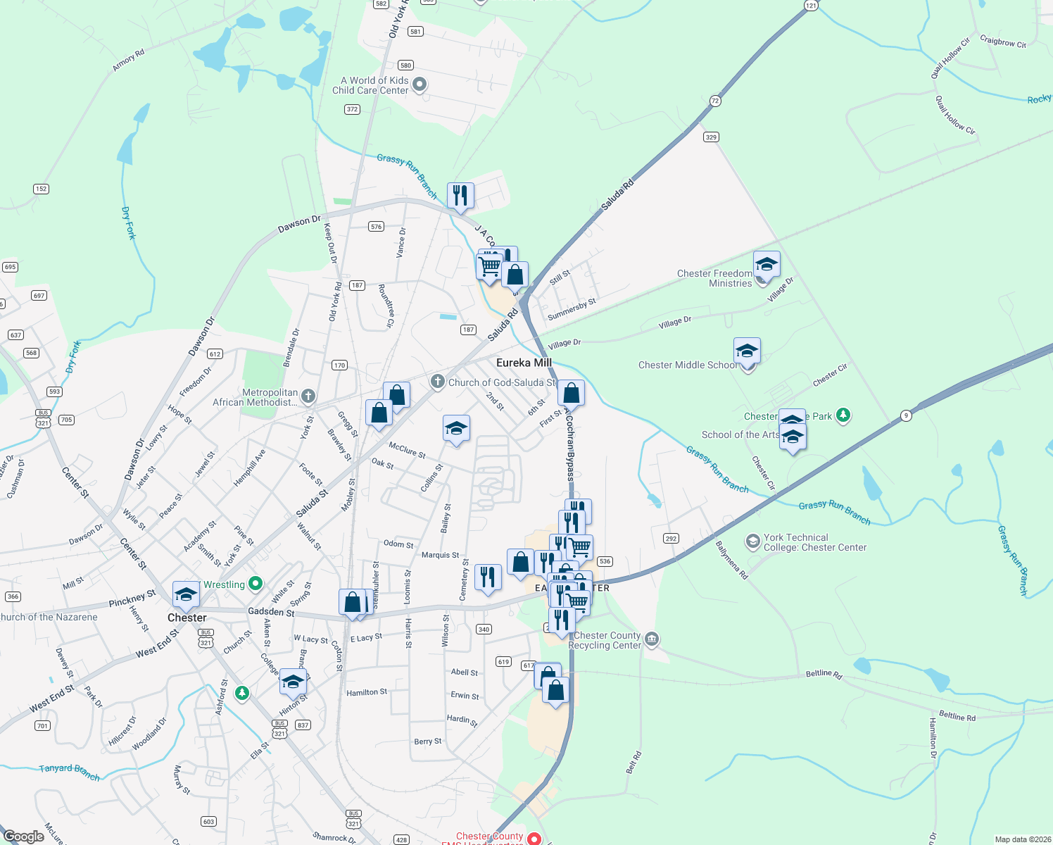 map of restaurants, bars, coffee shops, grocery stores, and more near 520 6th St in Chester