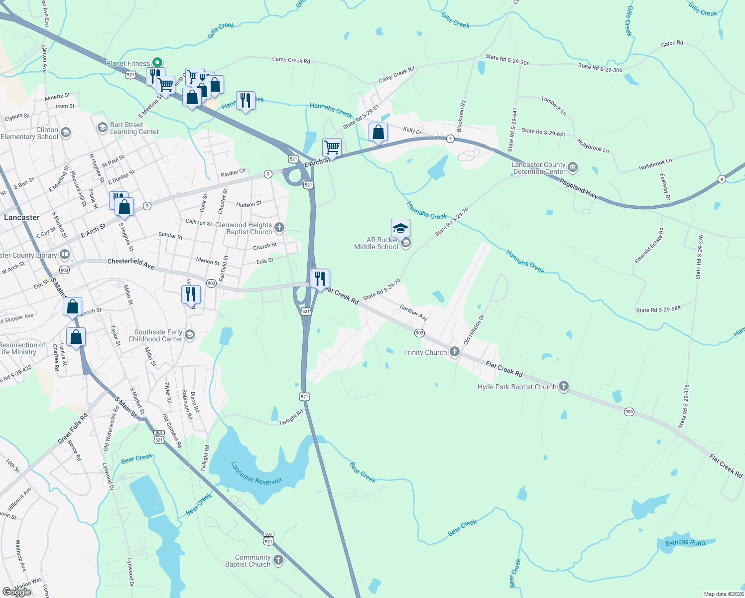 map of restaurants, bars, coffee shops, grocery stores, and more near 553 State Road S-29-70 in Lancaster