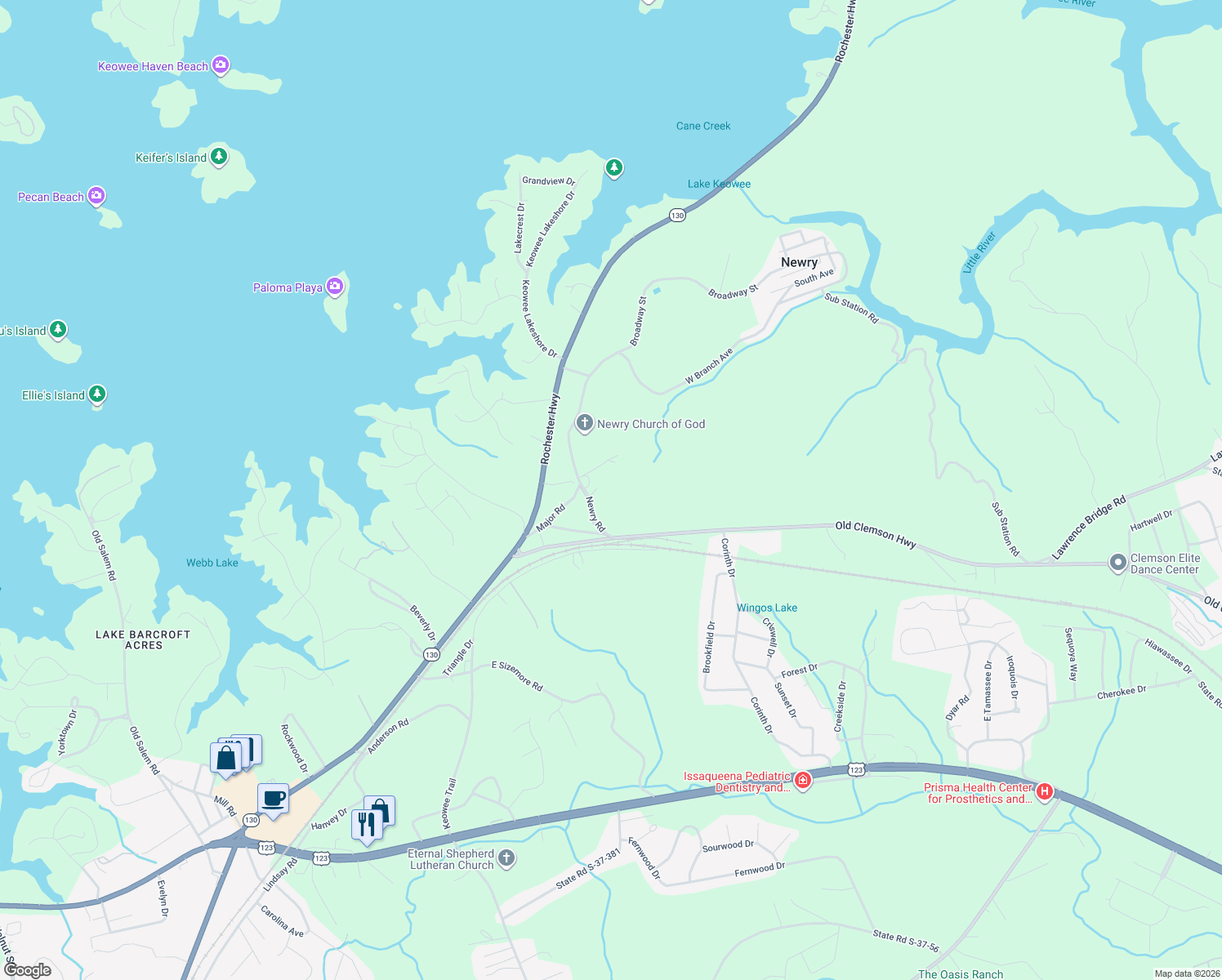 map of restaurants, bars, coffee shops, grocery stores, and more near 126 Newry Road in Seneca