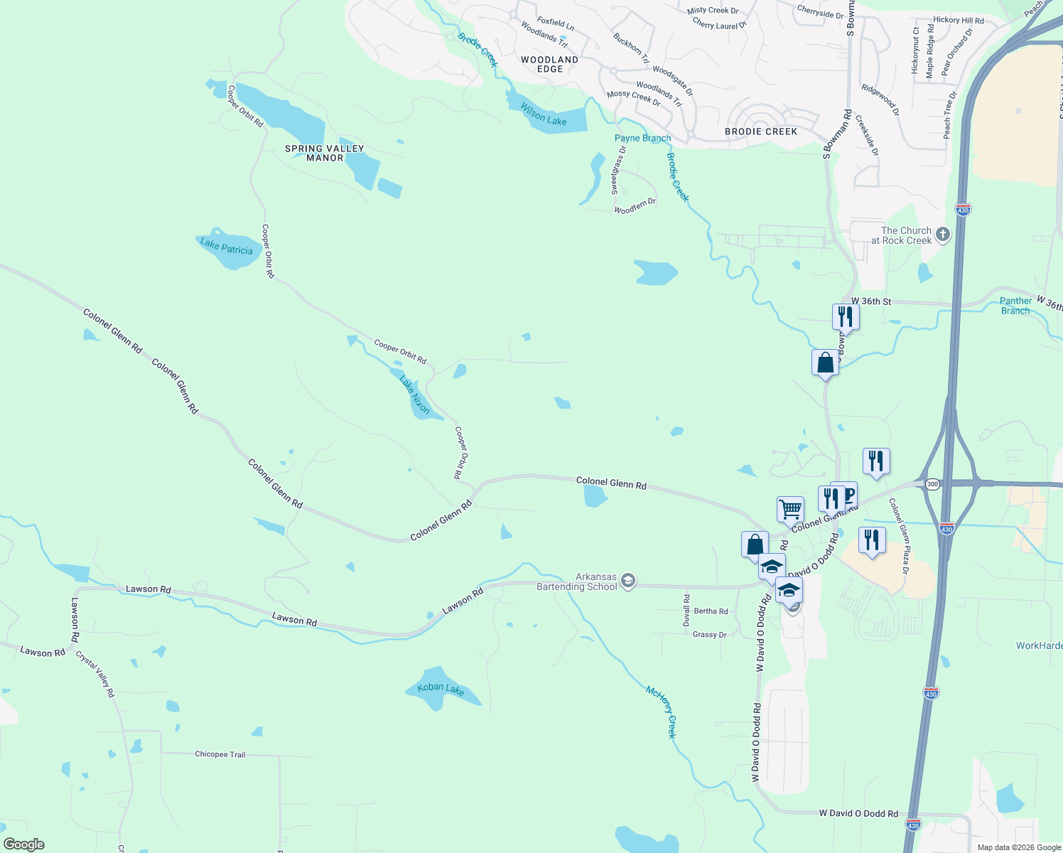 map of restaurants, bars, coffee shops, grocery stores, and more near 13550 Colonel Glenn Road in Little Rock