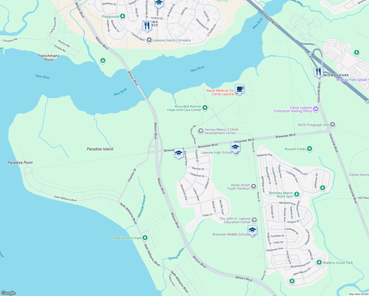 map of restaurants, bars, coffee shops, grocery stores, and more near Brewster Boulevard in Jacksonville