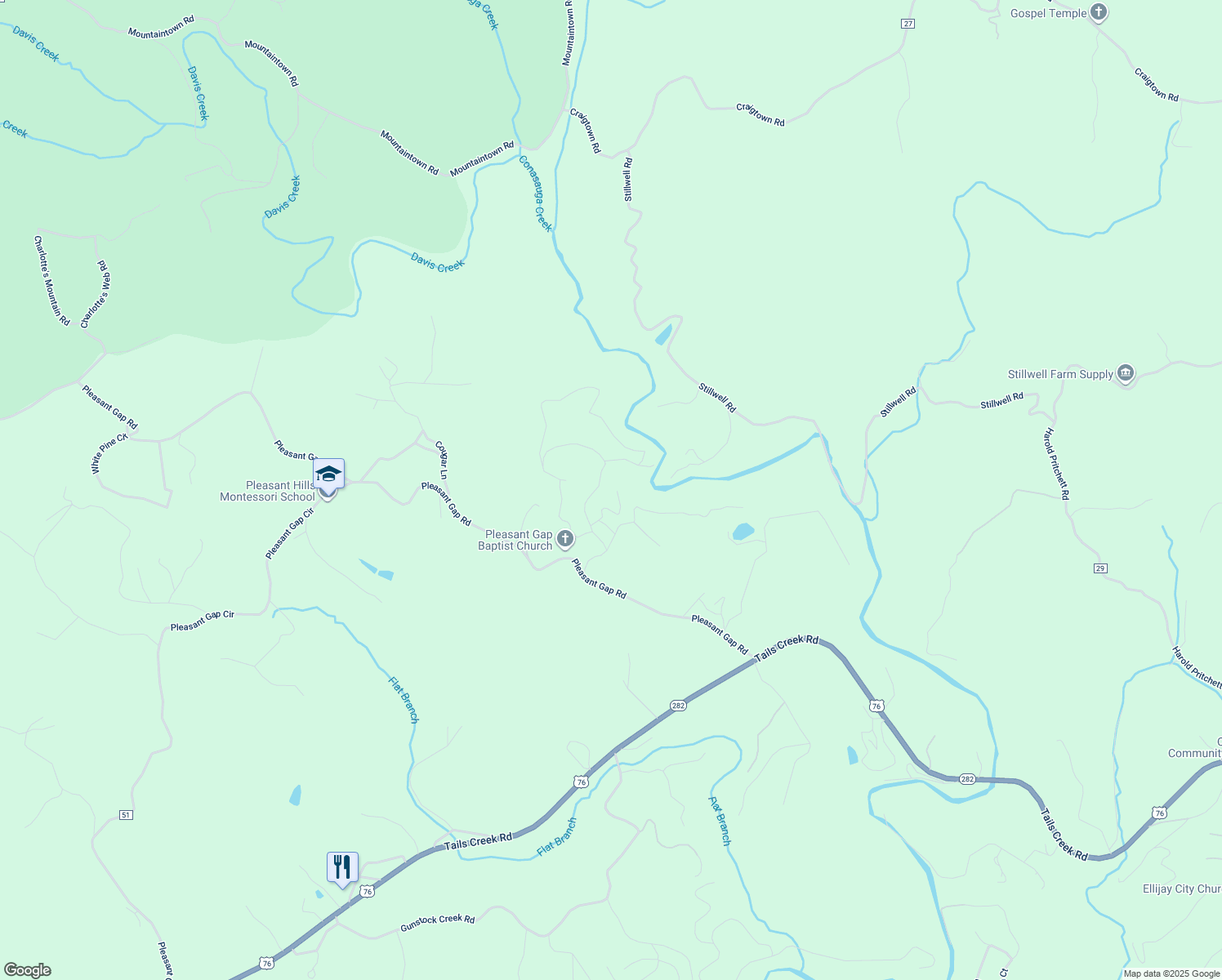 map of restaurants, bars, coffee shops, grocery stores, and more near 169 Wildwood Court in Ellijay