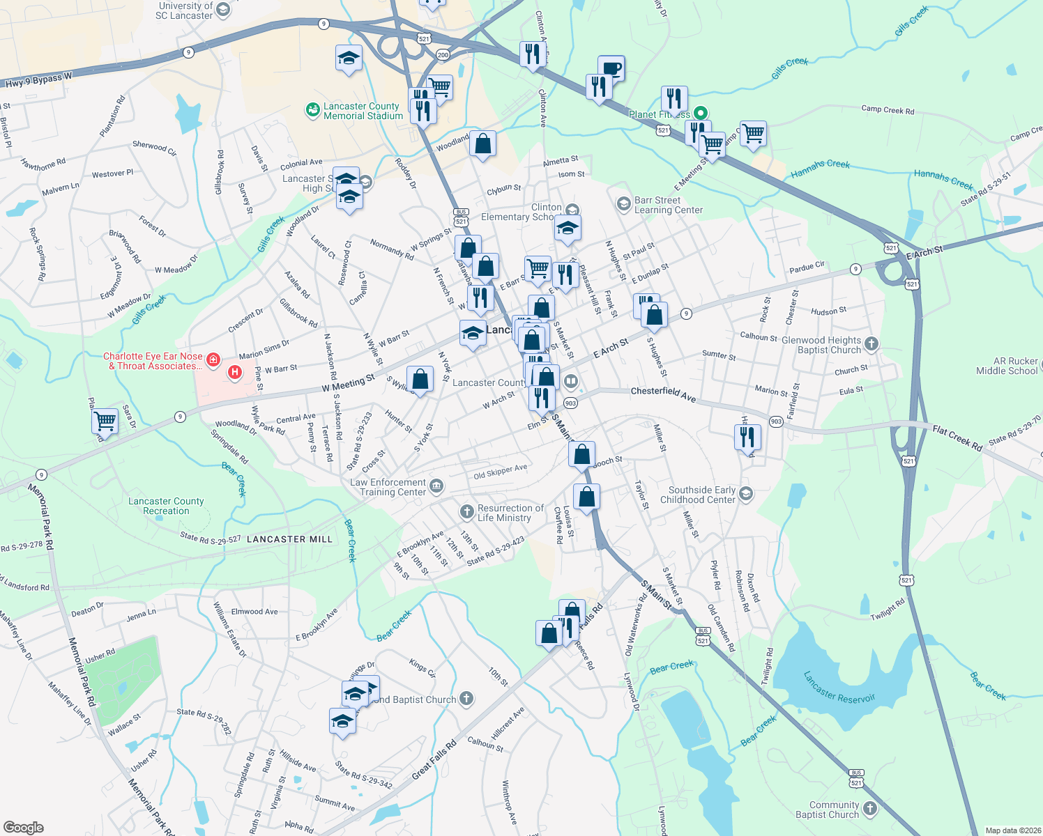 map of restaurants, bars, coffee shops, grocery stores, and more near 322 S Catawba St in Lancaster