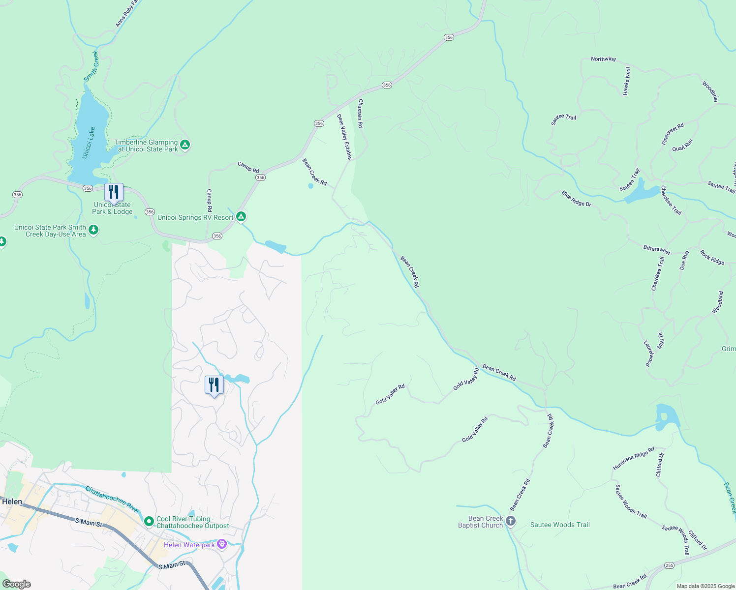 map of restaurants, bars, coffee shops, grocery stores, and more near 222 Gold Dust Trail in Sautee Nacoochee