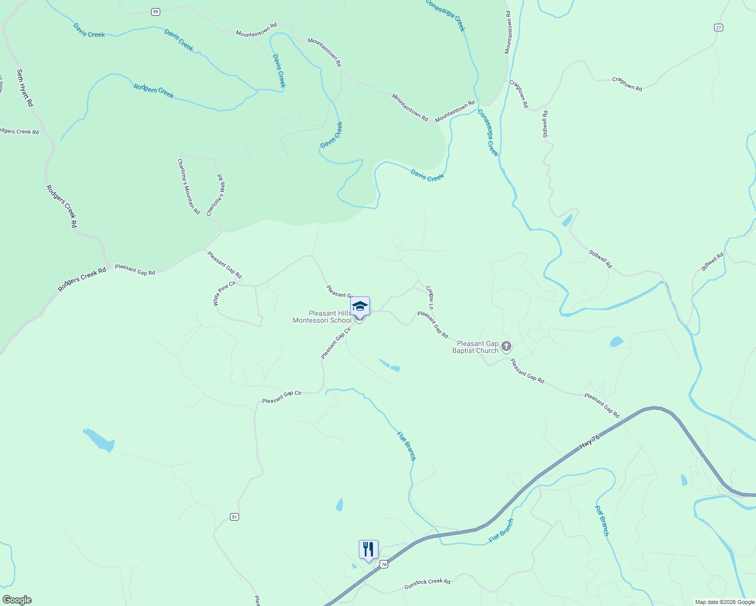map of restaurants, bars, coffee shops, grocery stores, and more near 1488 Pleasant Gap Road in Ellijay