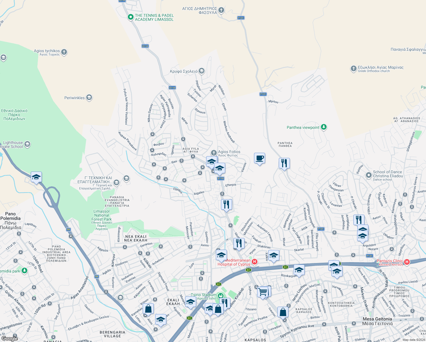 map of restaurants, bars, coffee shops, grocery stores, and more near 1st April Street in Limassol