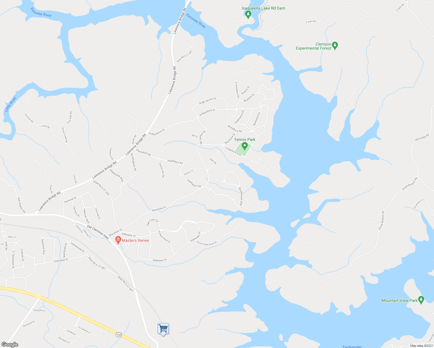 map of restaurants, bars, coffee shops, grocery stores, and more near 2316 Trails End Court in Seneca