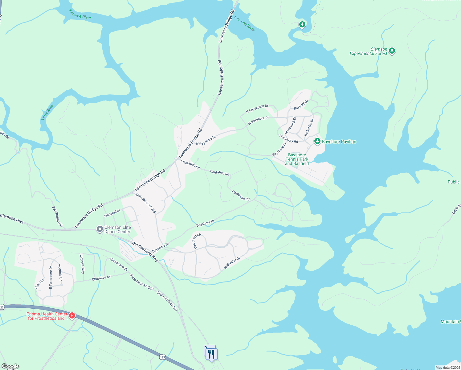 map of restaurants, bars, coffee shops, grocery stores, and more near 409 Plantation Road in Seneca