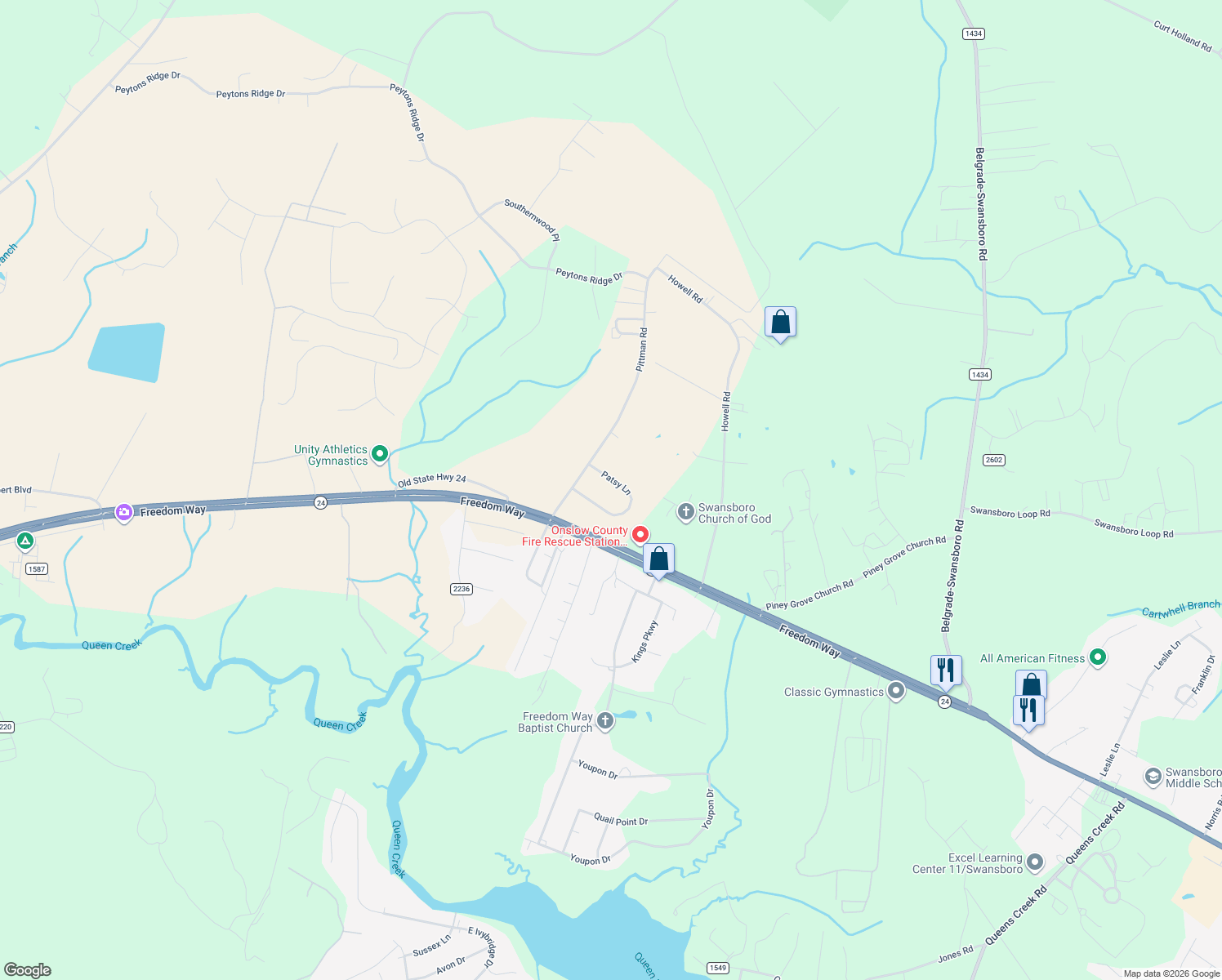 map of restaurants, bars, coffee shops, grocery stores, and more near 117 Patsy Ln in Hubert