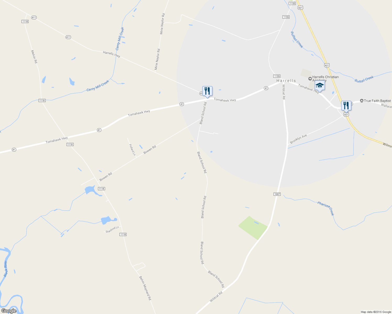 map of restaurants, bars, coffee shops, grocery stores, and more near 540 Bland School Road in Harrells
