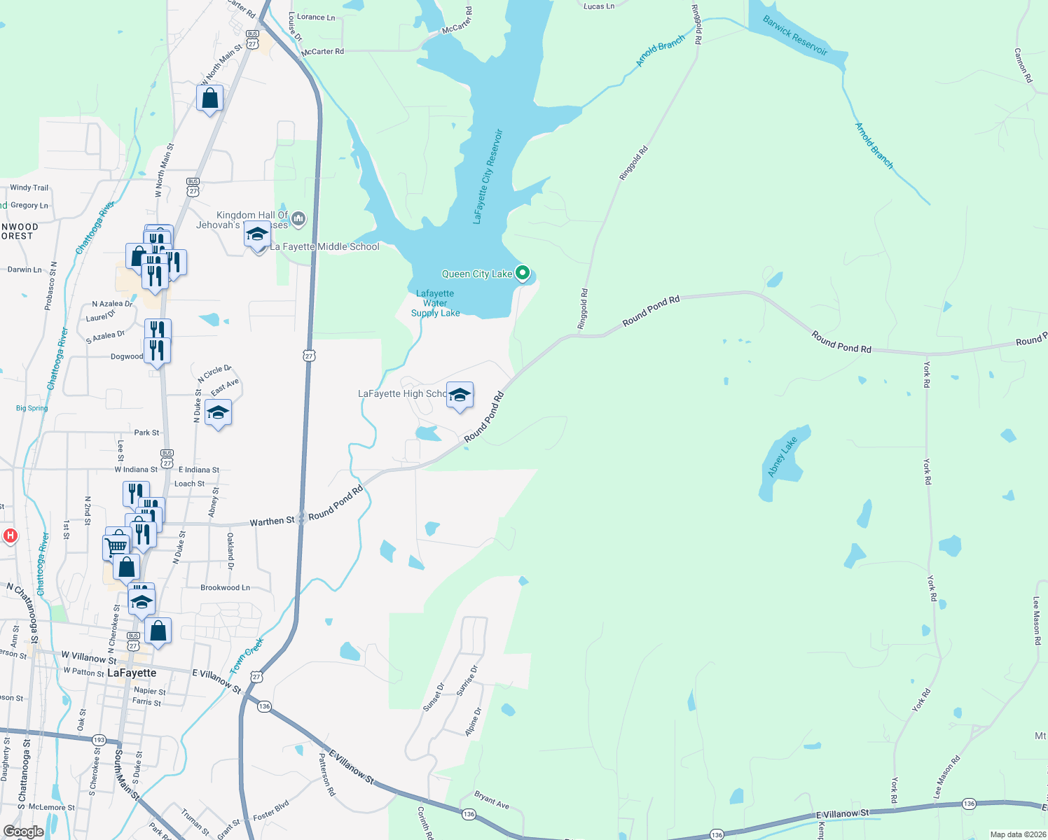 map of restaurants, bars, coffee shops, grocery stores, and more near 157 North Ridge Drive in LaFayette