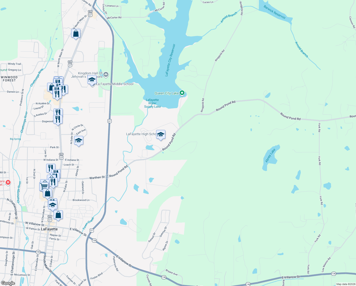map of restaurants, bars, coffee shops, grocery stores, and more near 157 North Ridge Drive in LaFayette