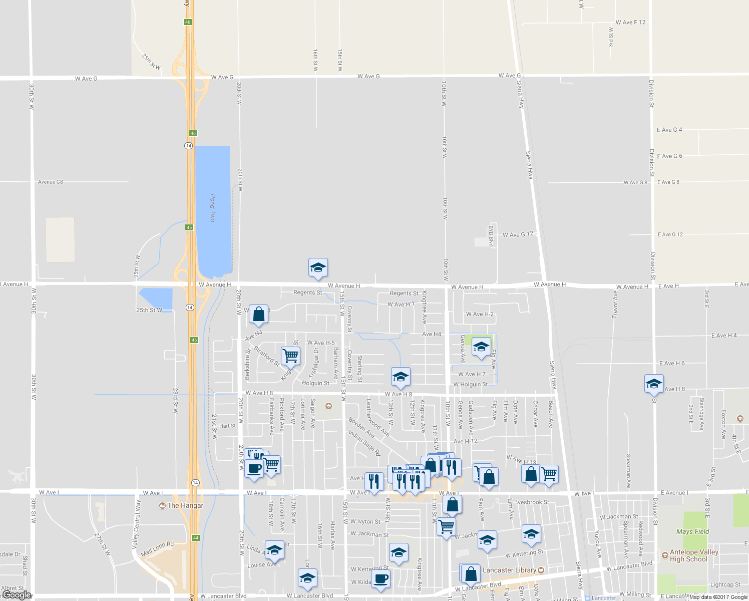 map of restaurants, bars, coffee shops, grocery stores, and more near 45931 York Place in Lancaster