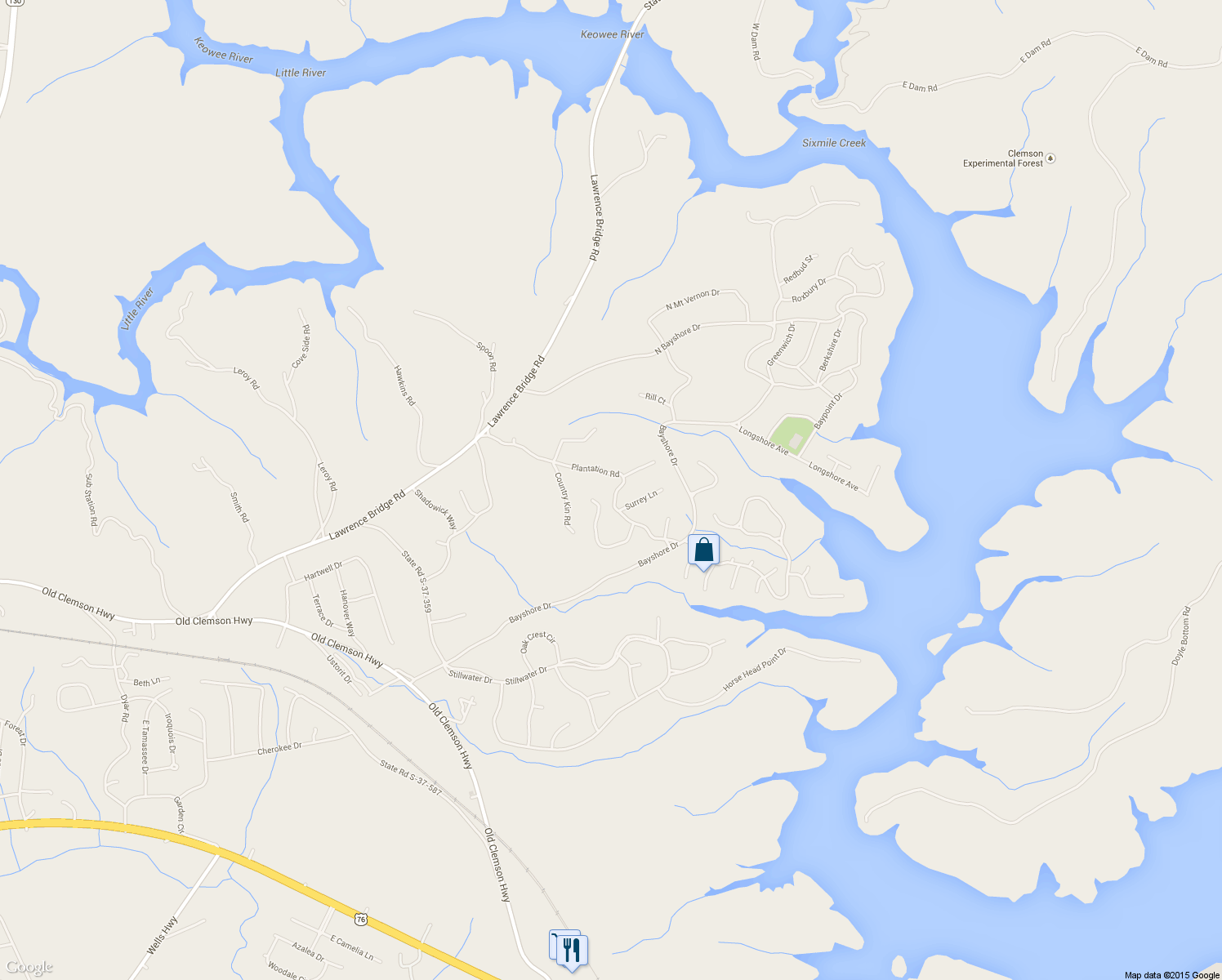 map of restaurants, bars, coffee shops, grocery stores, and more near 409 Plantation Rd in Seneca