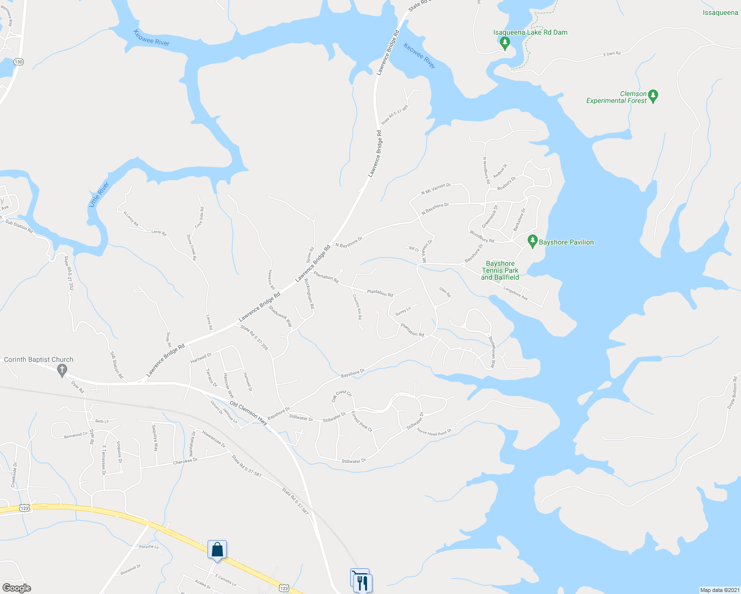 map of restaurants, bars, coffee shops, grocery stores, and more near 505 Plantation Road in Seneca