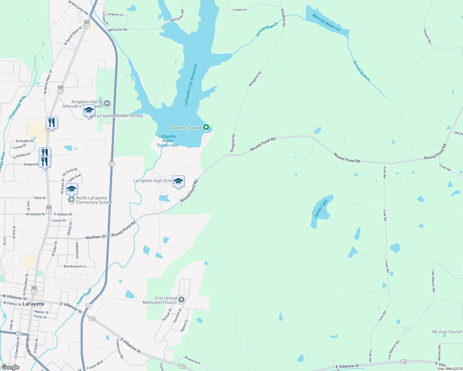 map of restaurants, bars, coffee shops, grocery stores, and more near 4599 Round Pond Road in LaFayette