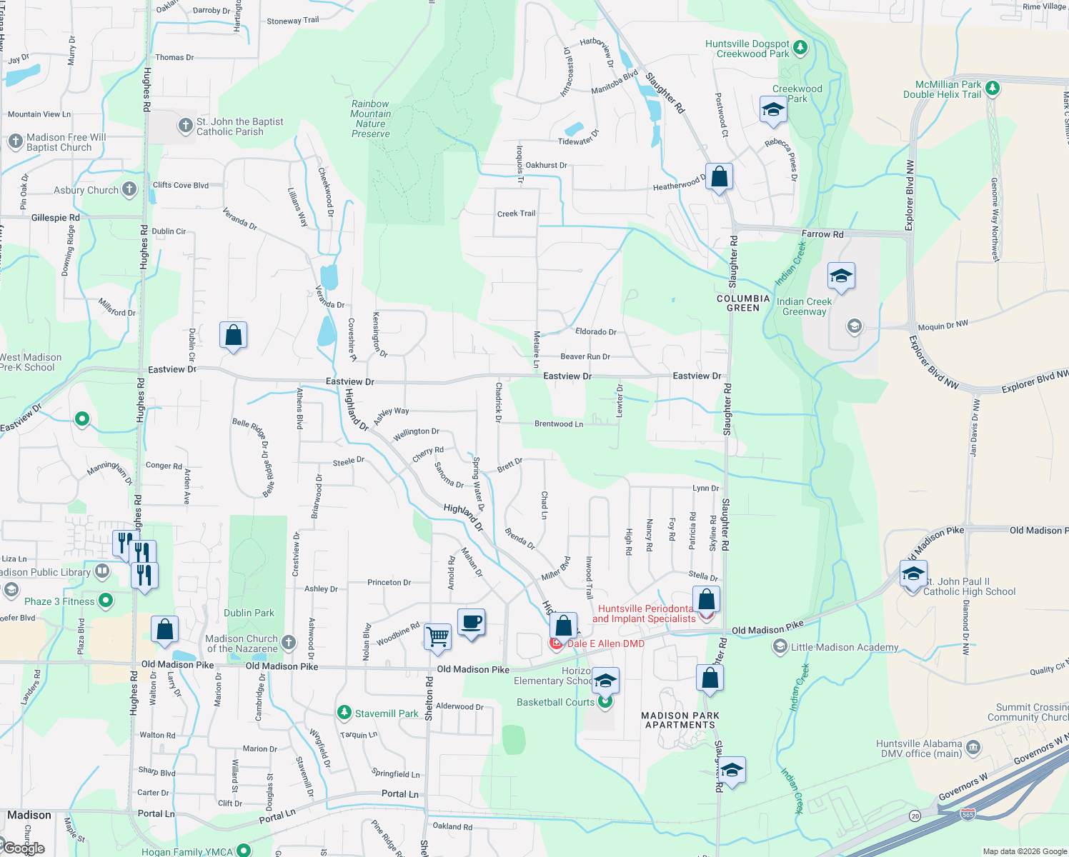 map of restaurants, bars, coffee shops, grocery stores, and more near 227 Brentwood Lane in Madison