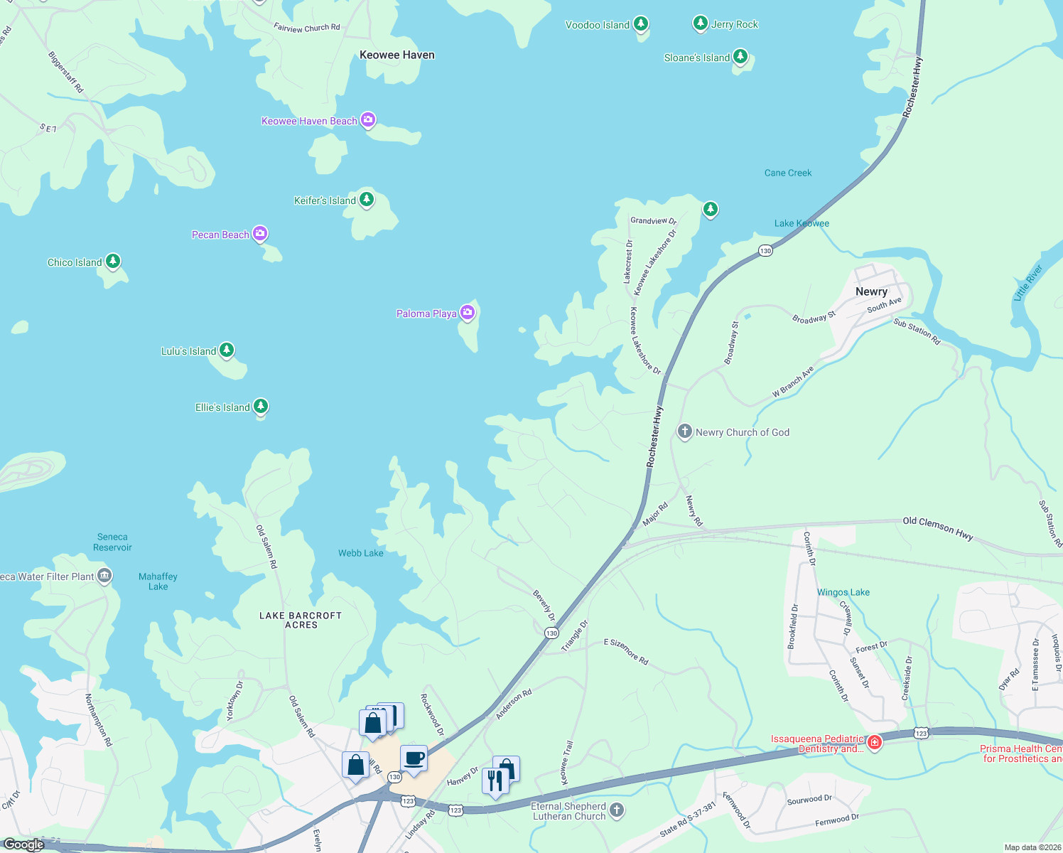 map of restaurants, bars, coffee shops, grocery stores, and more near 2520 Sugar Valley Road in Seneca