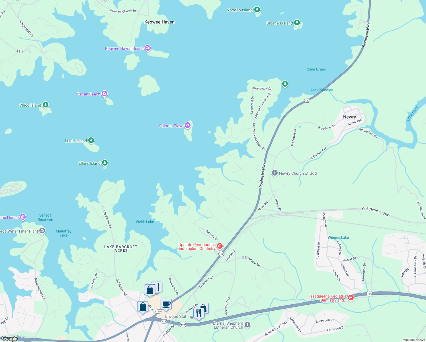 map of restaurants, bars, coffee shops, grocery stores, and more near 2520 Sugar Valley Road in Seneca