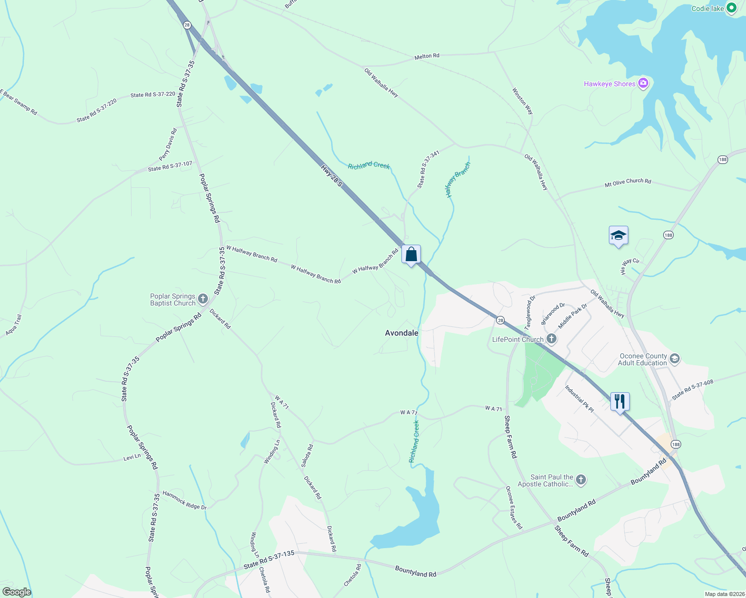 map of restaurants, bars, coffee shops, grocery stores, and more near 130 Redland Ranch Road in Walhalla