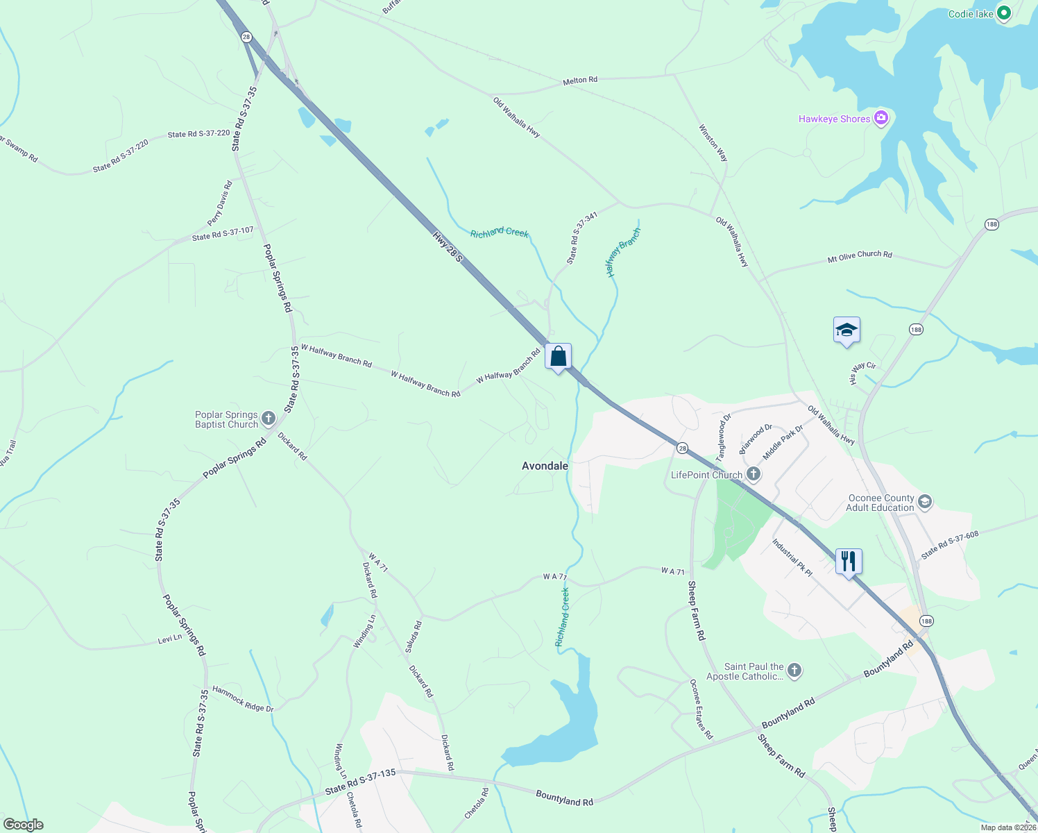 map of restaurants, bars, coffee shops, grocery stores, and more near 130 Redland Ranch Road in Walhalla