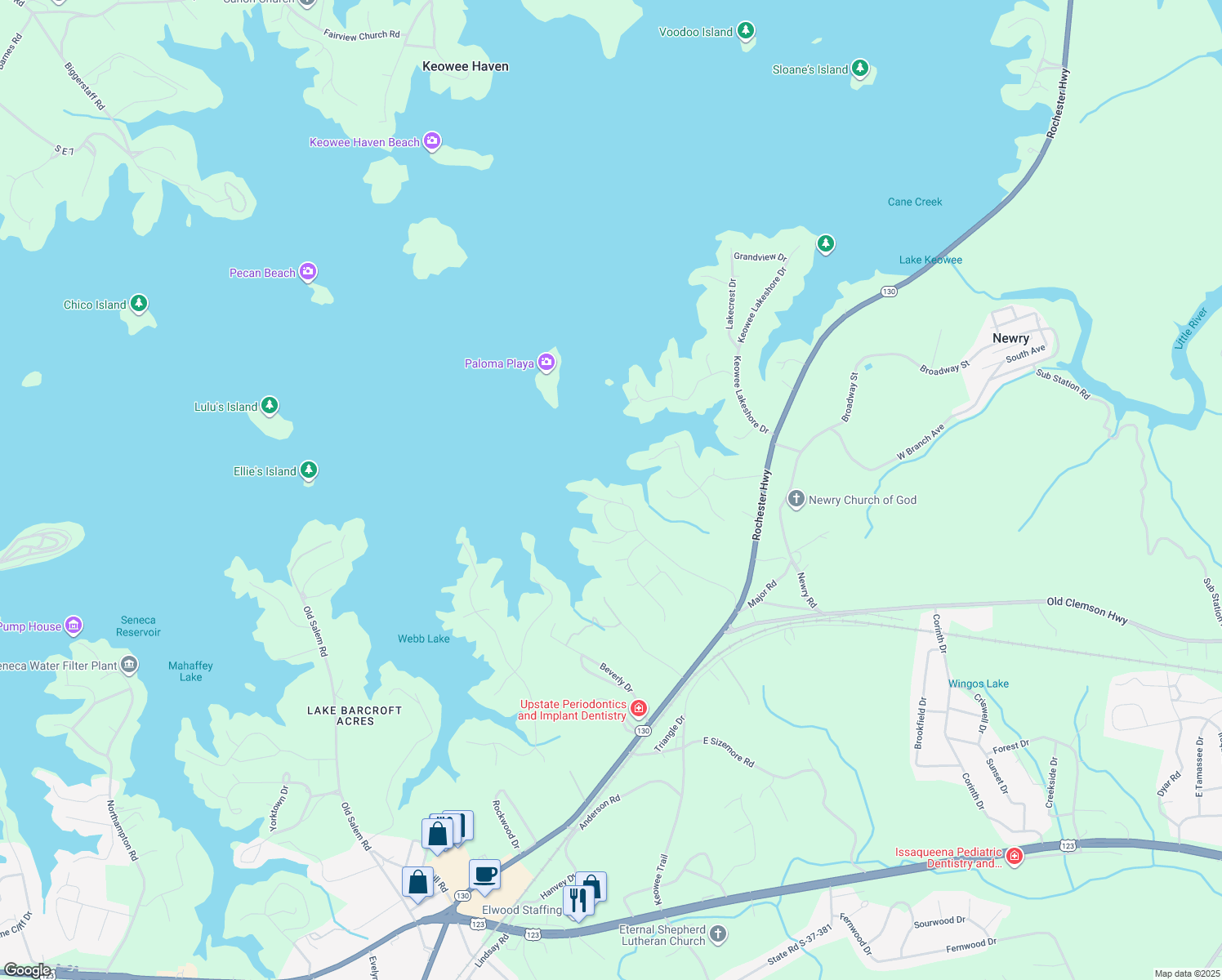 map of restaurants, bars, coffee shops, grocery stores, and more near 2520 Sugar Valley Road in Seneca