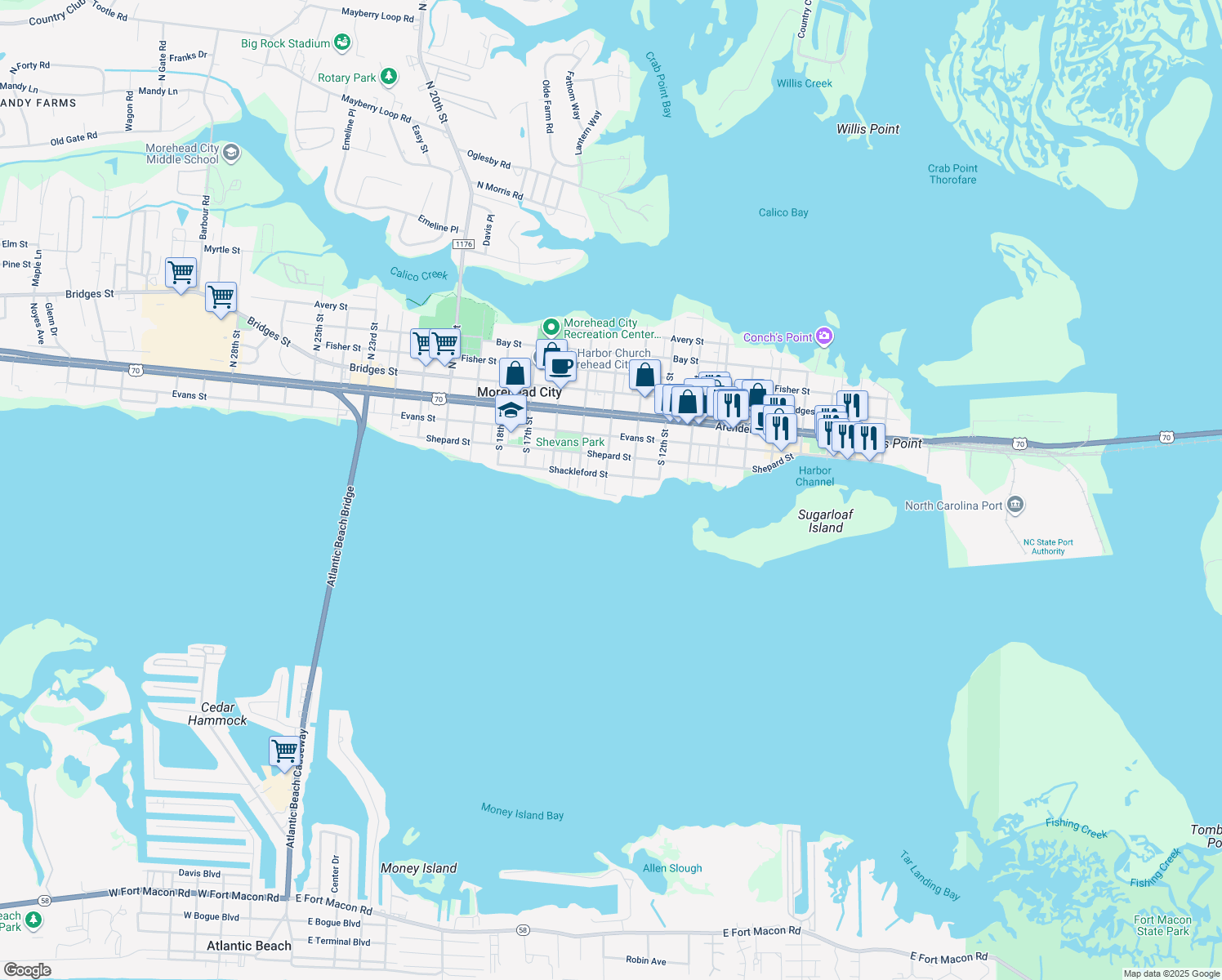 map of restaurants, bars, coffee shops, grocery stores, and more near 1310 Patterson Street in Morehead City