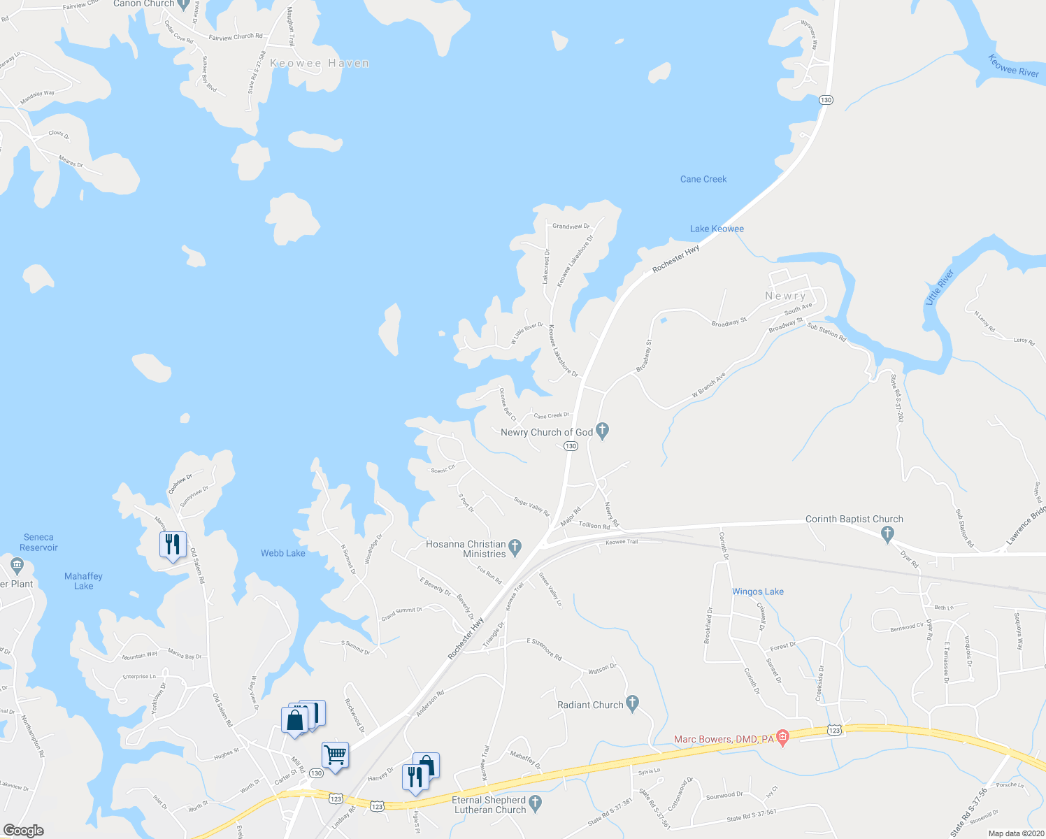 map of restaurants, bars, coffee shops, grocery stores, and more near 1229 Cane Creek Drive in Seneca