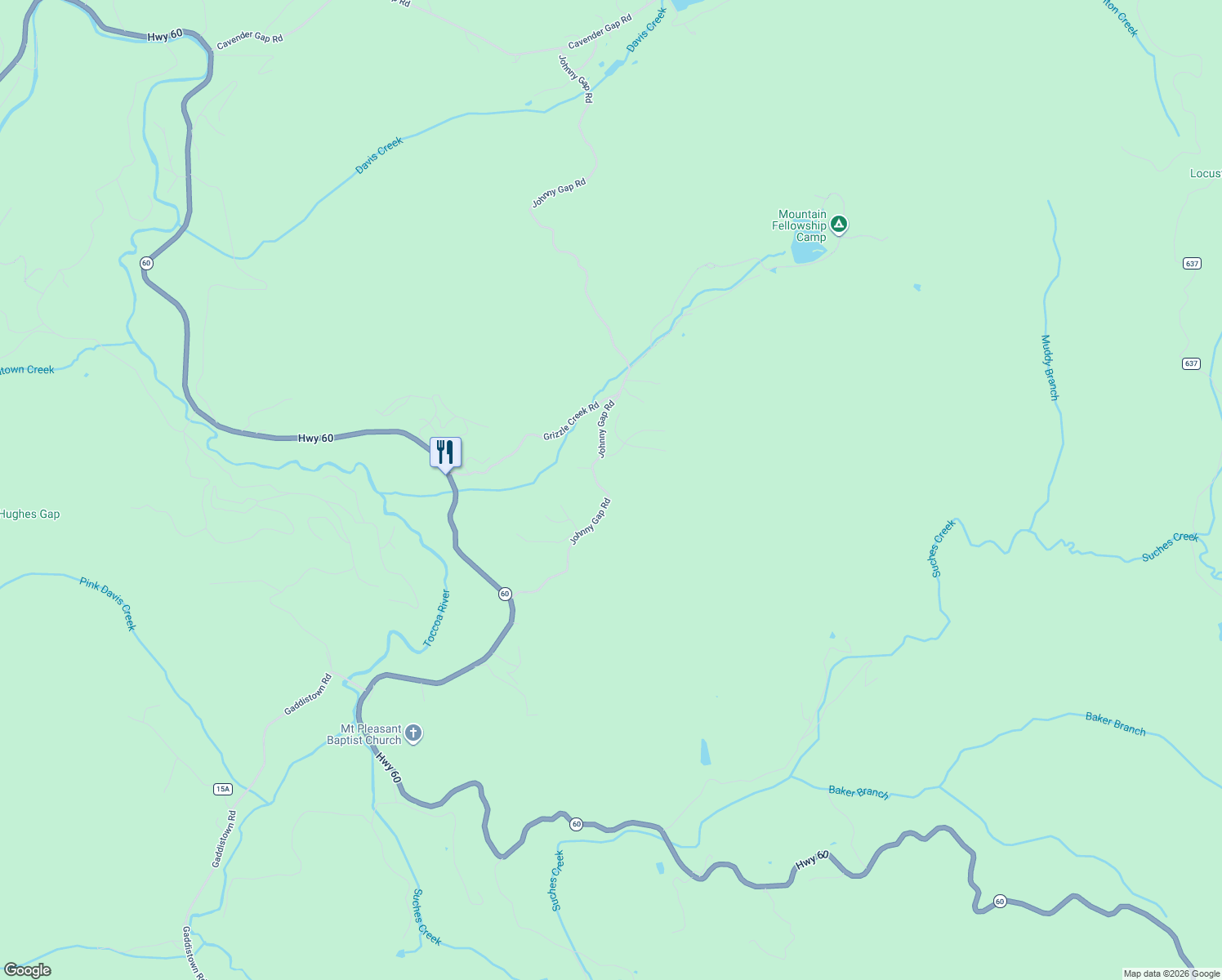 map of restaurants, bars, coffee shops, grocery stores, and more near 492 Johnny Gap Road in Suches