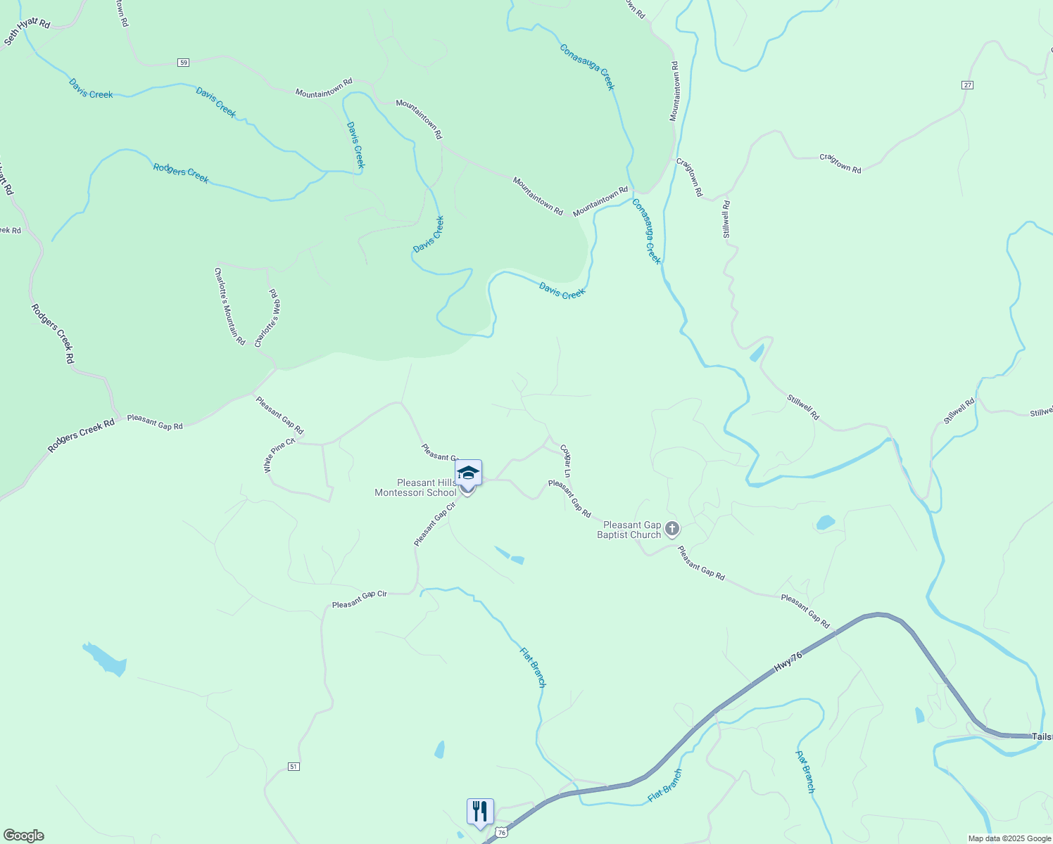 map of restaurants, bars, coffee shops, grocery stores, and more near 363 Cougar Lane in Ellijay