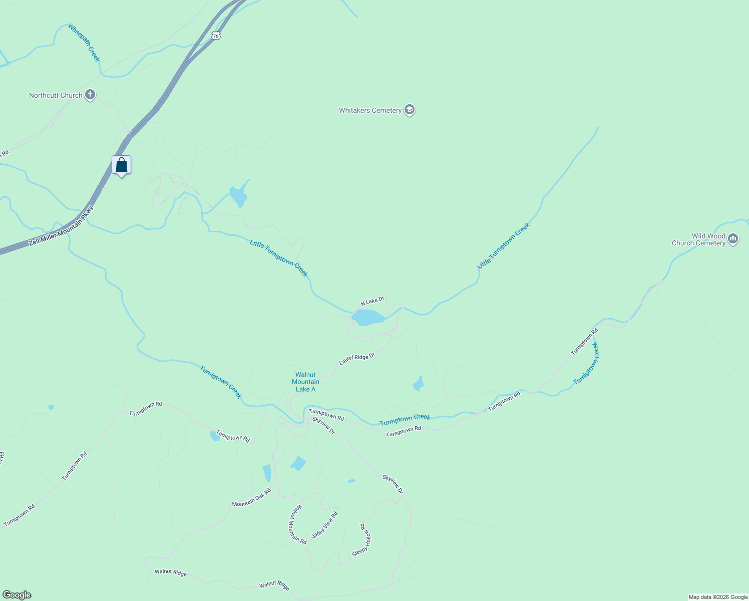 map of restaurants, bars, coffee shops, grocery stores, and more near North Lake Drive in Gilmer County