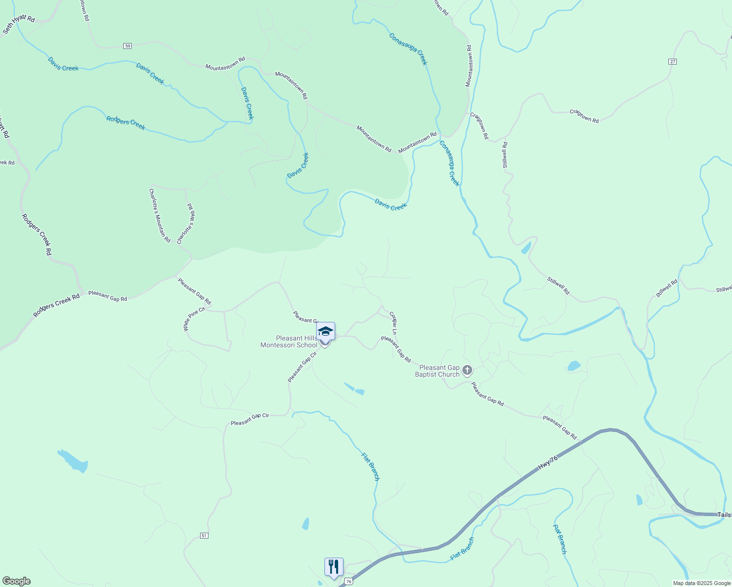 map of restaurants, bars, coffee shops, grocery stores, and more near 363 Cougar Lane in Ellijay