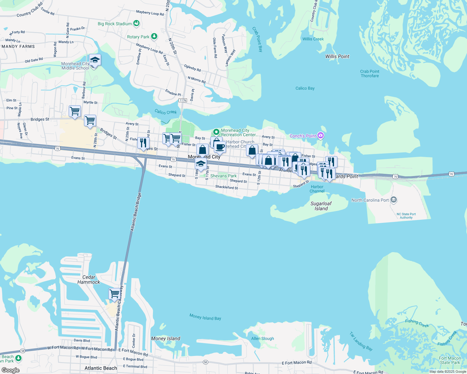 map of restaurants, bars, coffee shops, grocery stores, and more near 1404 Shackleford St in Morehead City