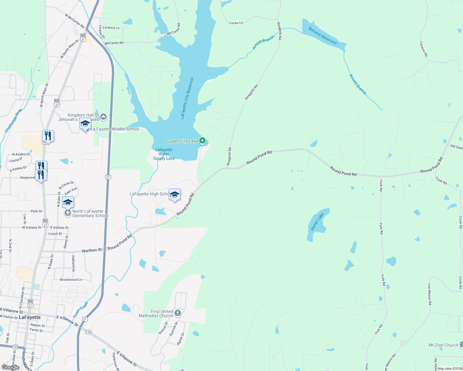 map of restaurants, bars, coffee shops, grocery stores, and more near 4599 Round Pond Road in LaFayette