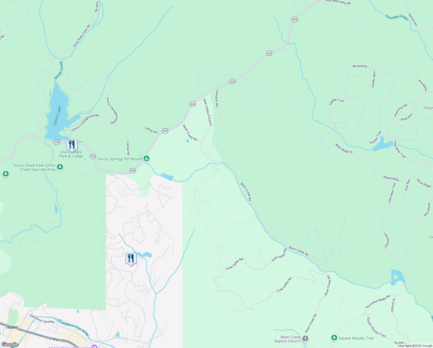 map of restaurants, bars, coffee shops, grocery stores, and more near 97 Miners Mountain Road in Sautee Nacoochee