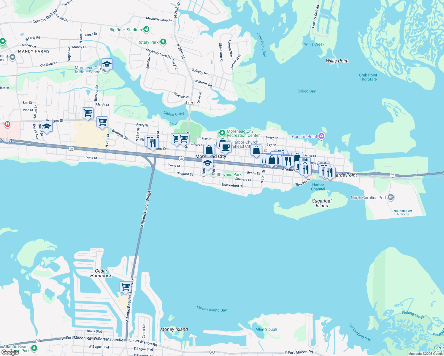 map of restaurants, bars, coffee shops, grocery stores, and more near 1601 Shepard St in Morehead City