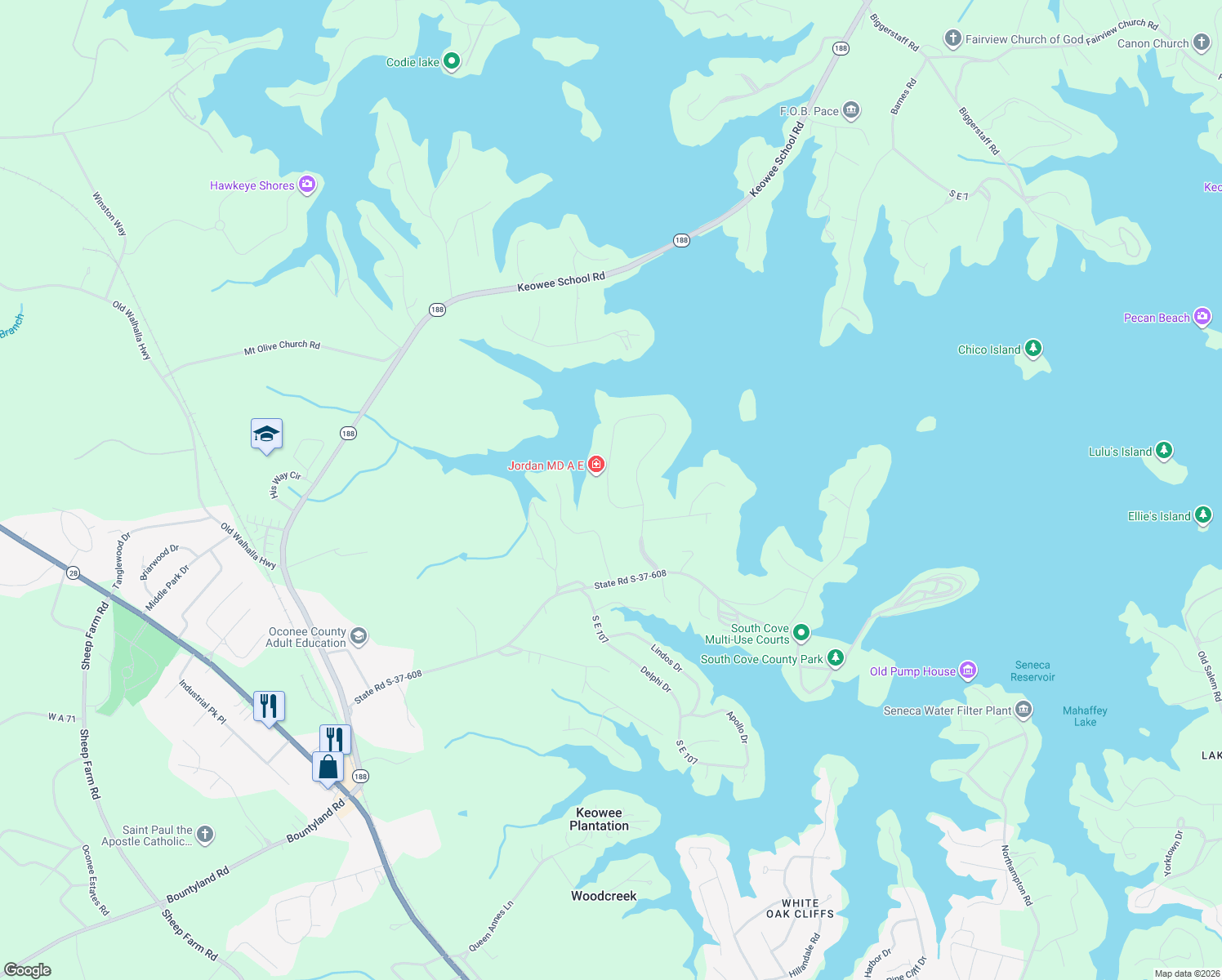 map of restaurants, bars, coffee shops, grocery stores, and more near 171 South Oak Pointe Drive in Seneca