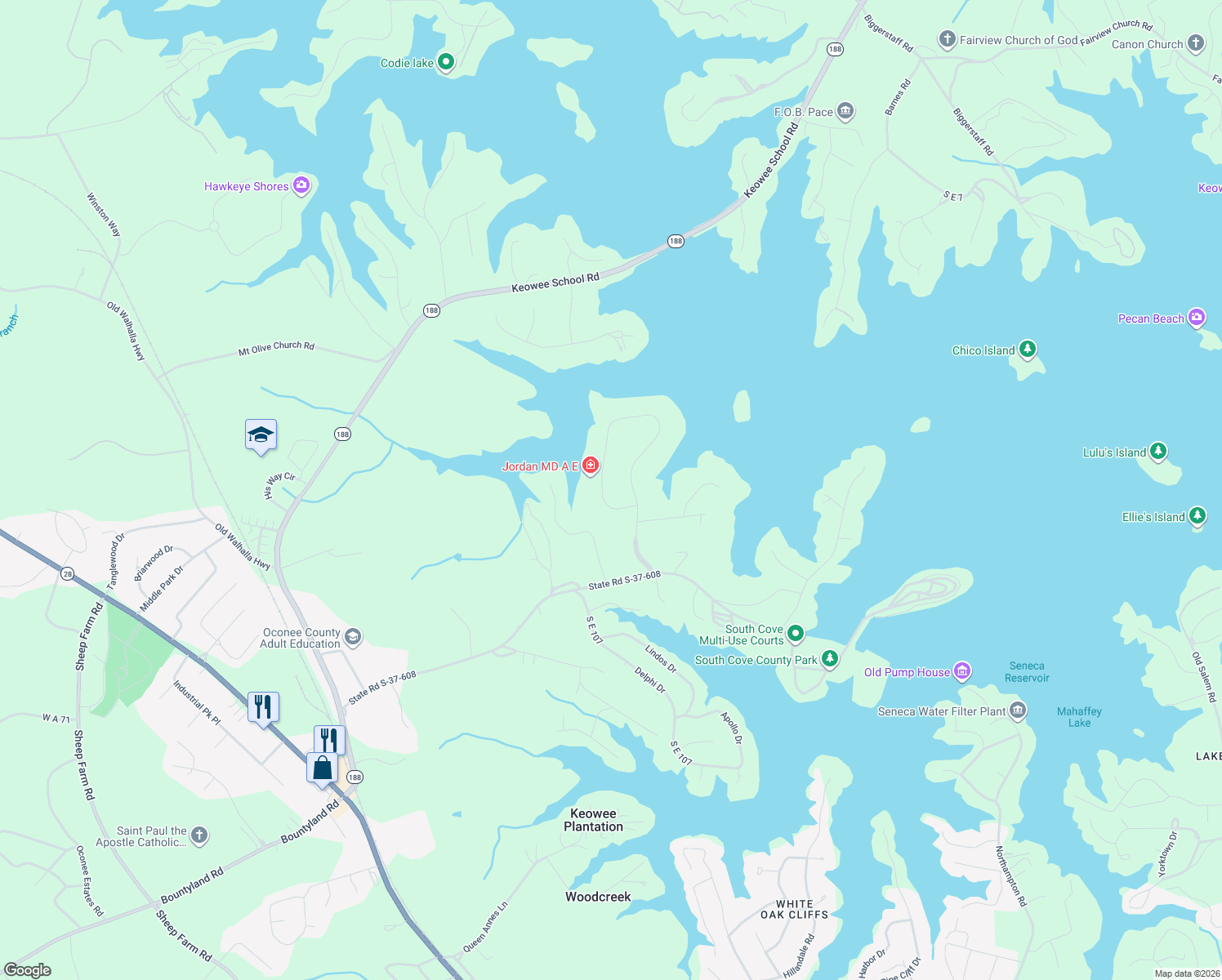map of restaurants, bars, coffee shops, grocery stores, and more near 171 South Oak Pointe Drive in Seneca