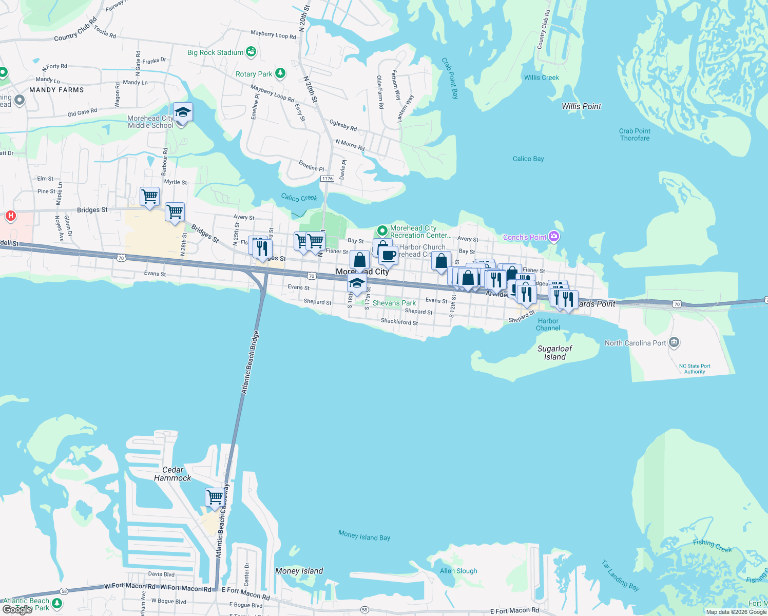 map of restaurants, bars, coffee shops, grocery stores, and more near 1598 Shepard St in Morehead City