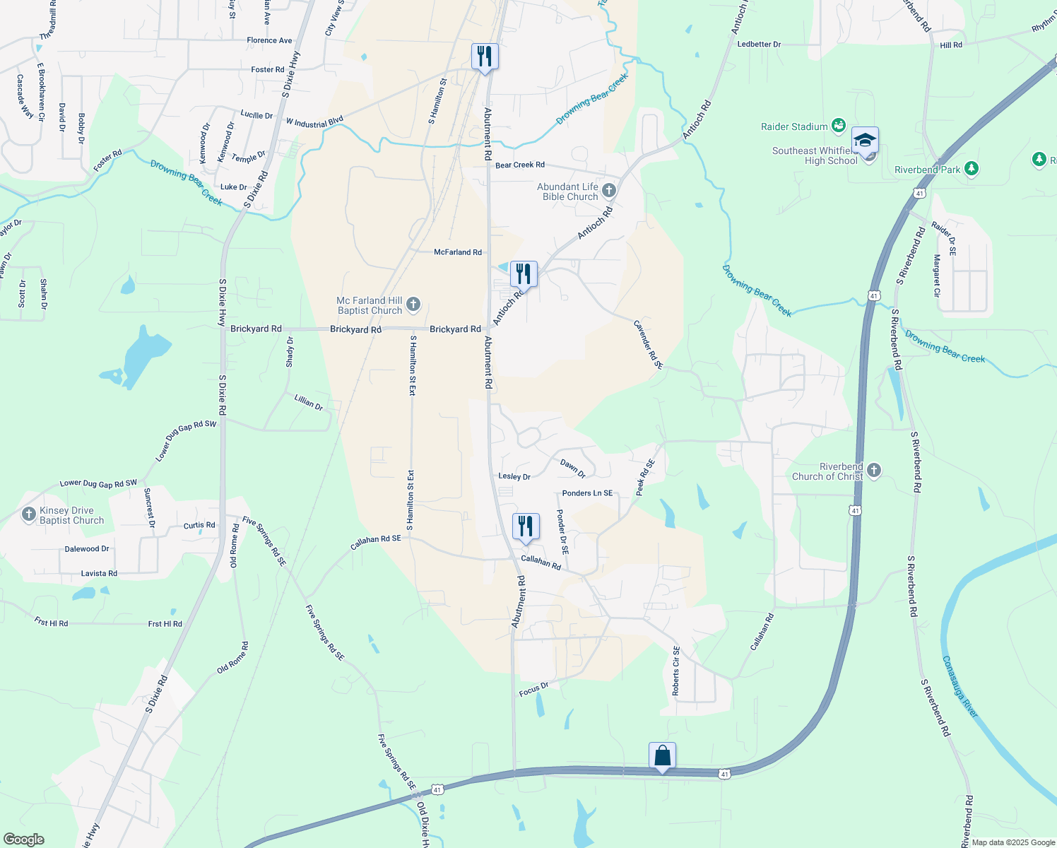 map of restaurants, bars, coffee shops, grocery stores, and more near 326 Sycamore Cir in Dalton