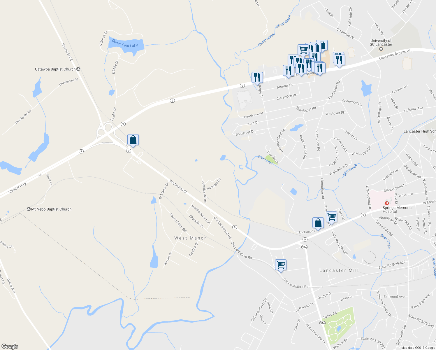 map of restaurants, bars, coffee shops, grocery stores, and more near 1676 Partridge Circle in Lancaster