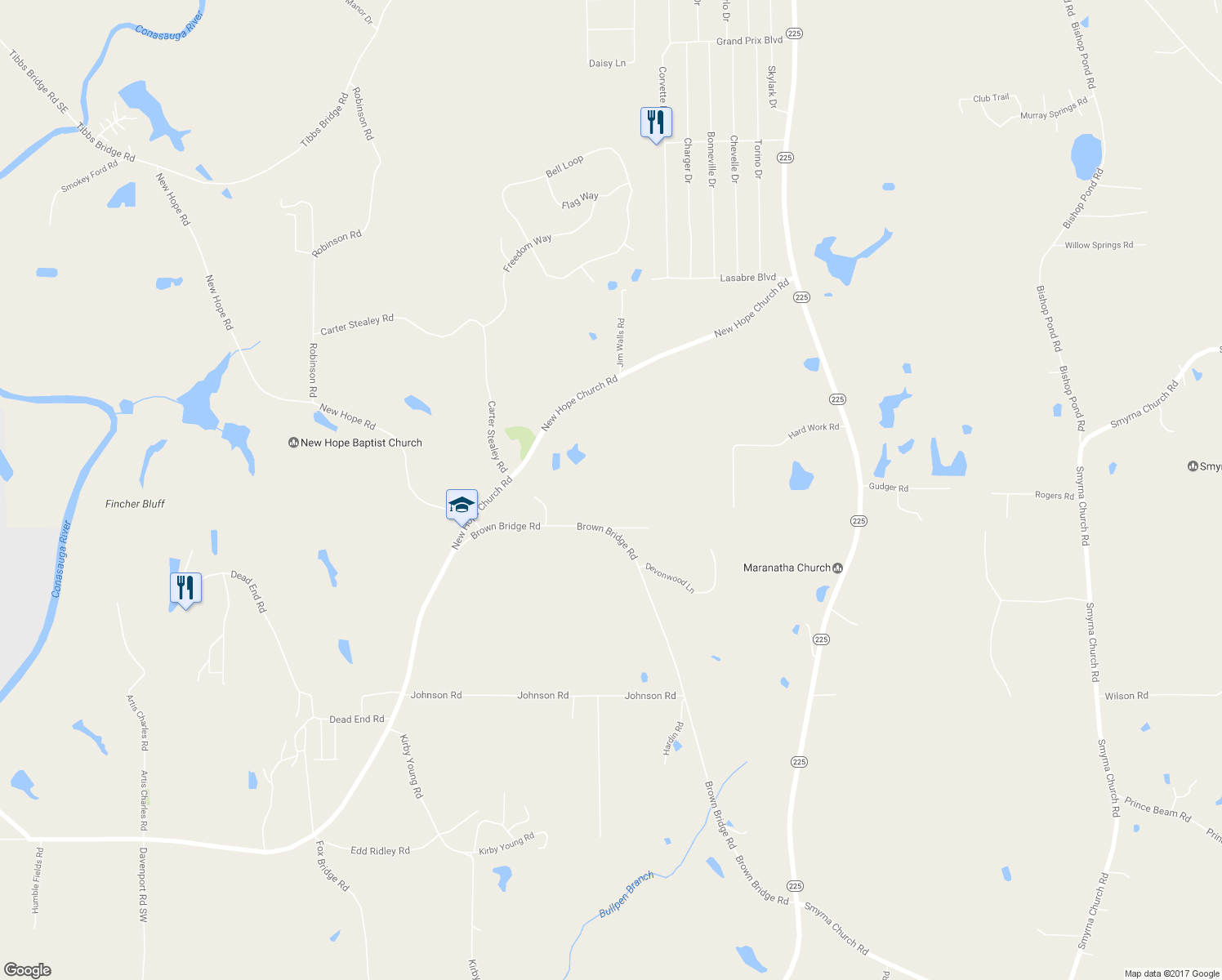 map of restaurants, bars, coffee shops, grocery stores, and more near 1345 Brown Bridge Road in Chatsworth