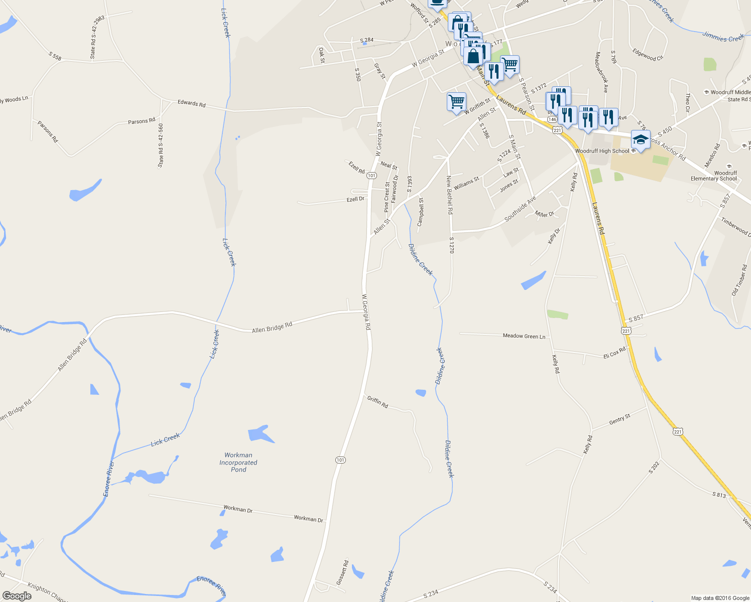 map of restaurants, bars, coffee shops, grocery stores, and more near 1329 West Georgia Road in Woodruff