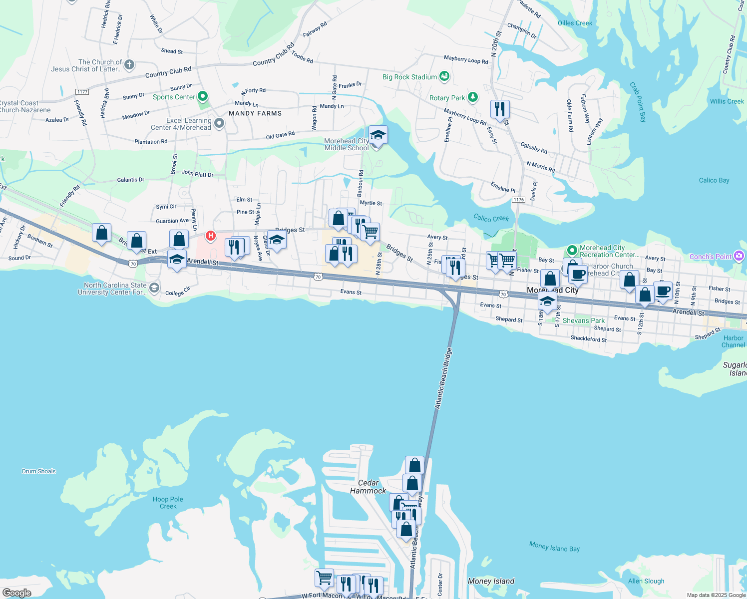 map of restaurants, bars, coffee shops, grocery stores, and more near 2801 Evans Street in Morehead City