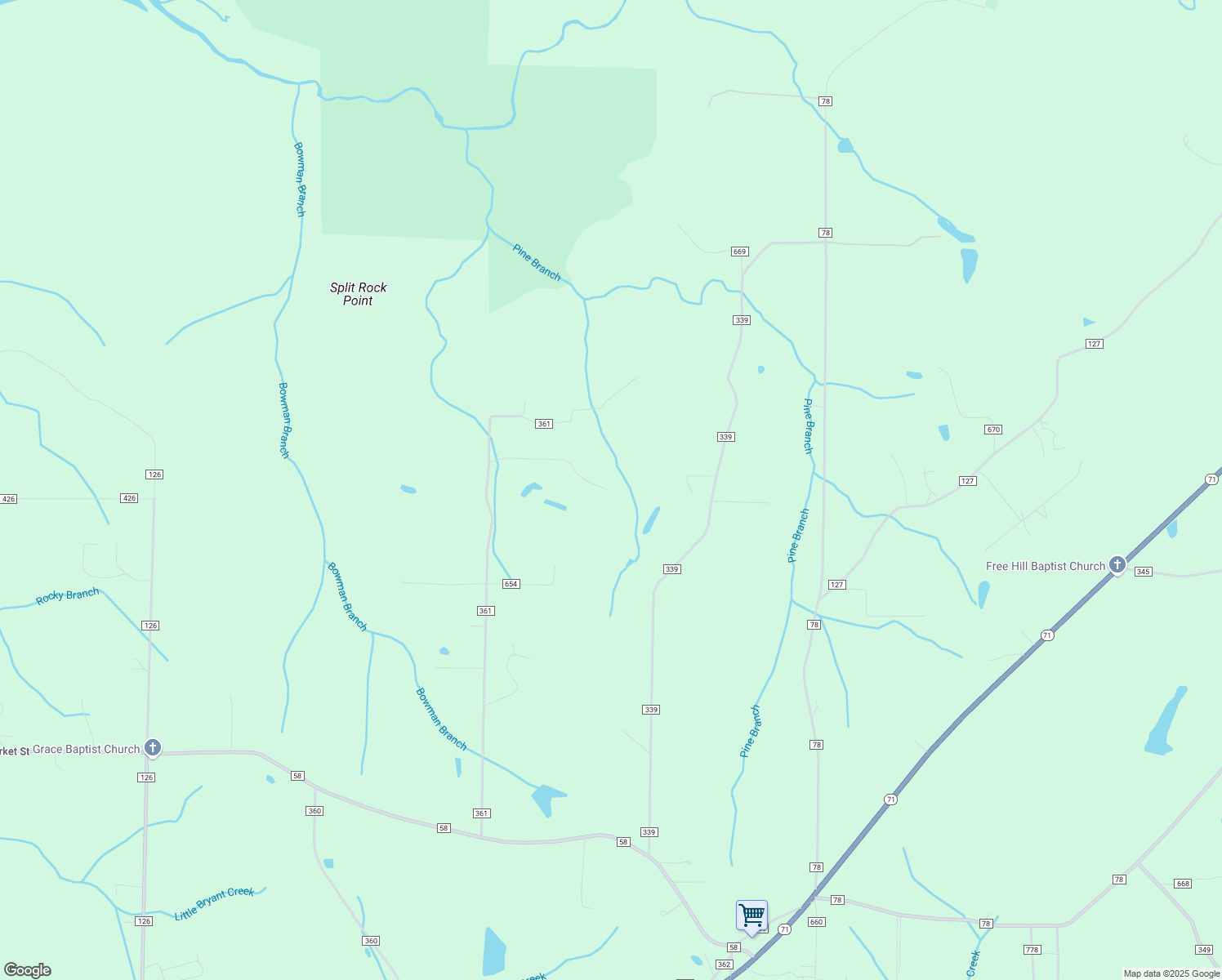 map of restaurants, bars, coffee shops, grocery stores, and more near 1122 County Road 361 in Pisgah