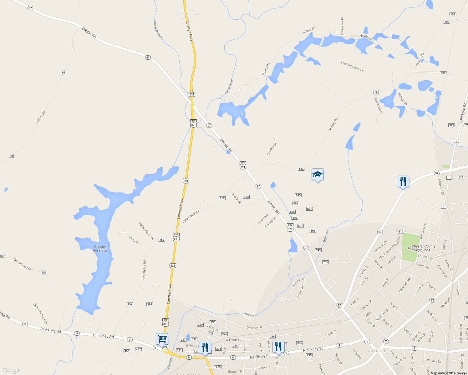 map of restaurants, bars, coffee shops, grocery stores, and more near 645 Pine Ridge Road in Chester