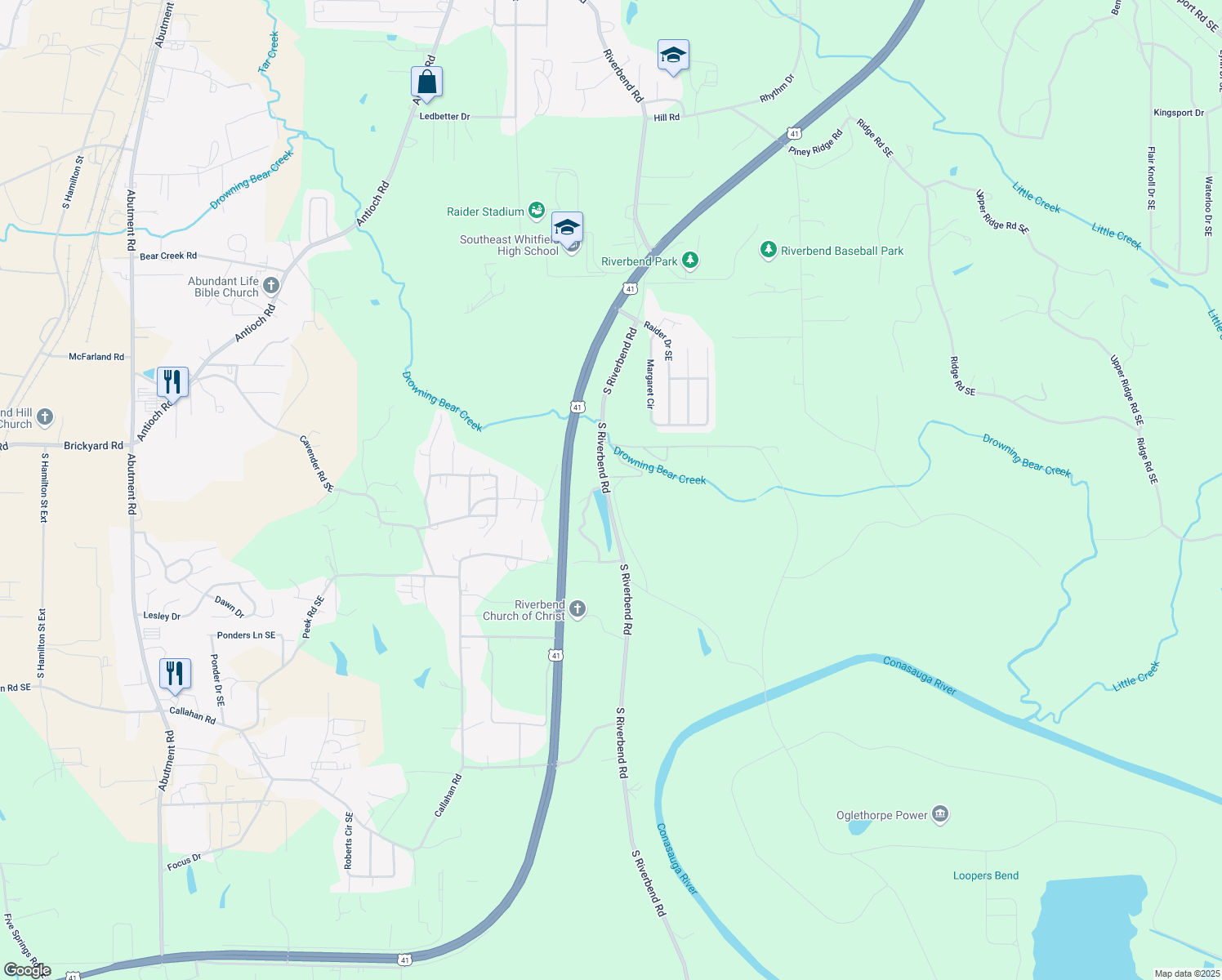 map of restaurants, bars, coffee shops, grocery stores, and more near 1819 South Riverbend Road in Dalton