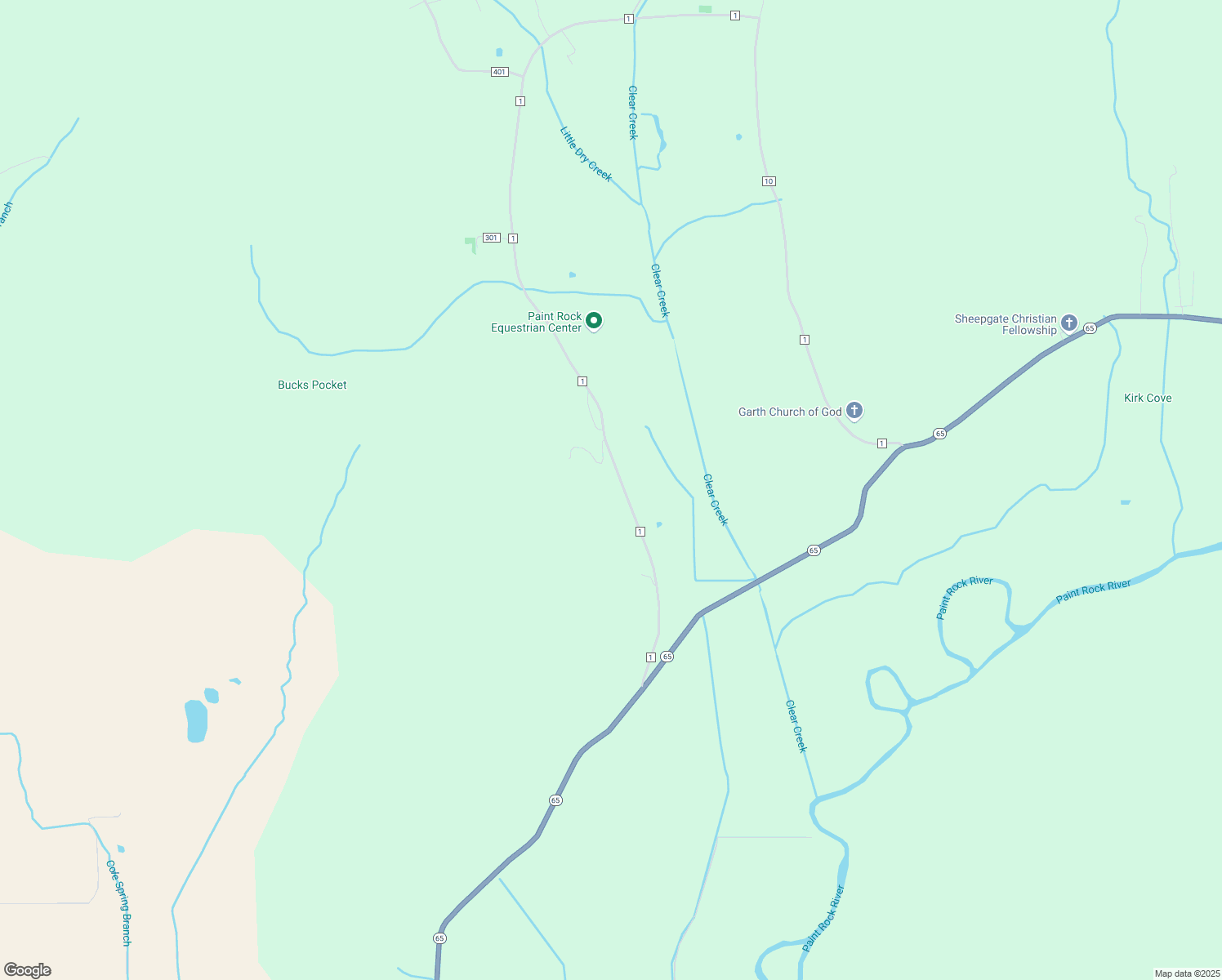 map of restaurants, bars, coffee shops, grocery stores, and more near 601 County Road 1 in Paint Rock